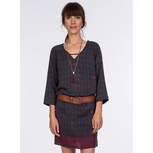 Comptoir Des Cotonniers Women's 3/4 Sleeve Printed Silk Dress Gray Red‎ Size XXS